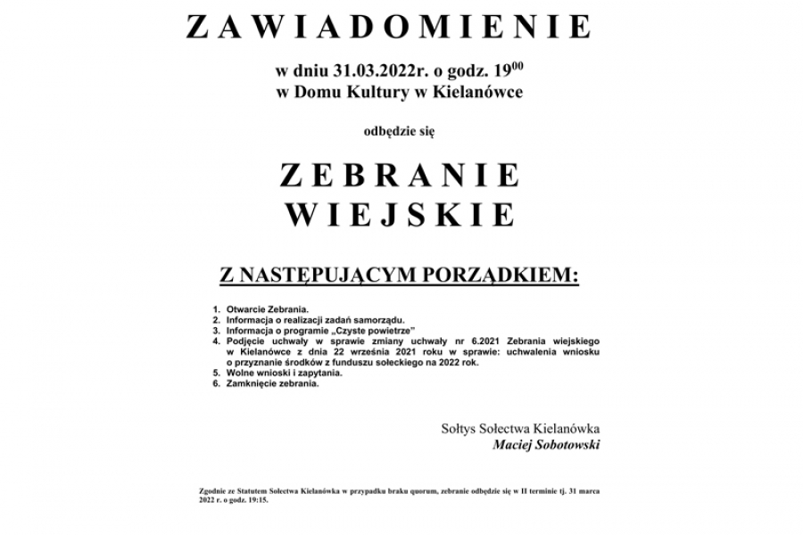 Zebranie Wiejskie marzec 2022r.